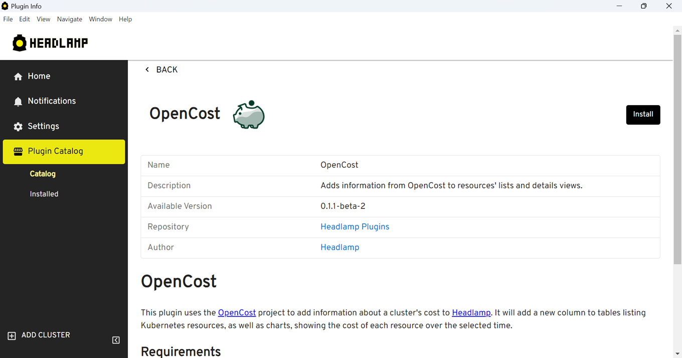 Screenshot showing OpenCost Plugin details